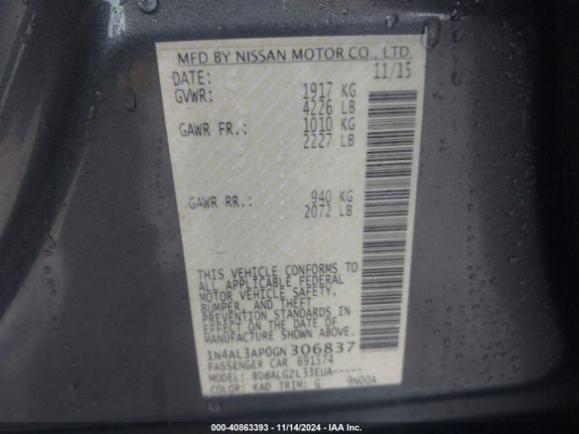 1N4AL3AP0GN306837 Nissan Altima 2.5/2.5 S/2.5 Sl/2.5 Sr/2.5 Sv