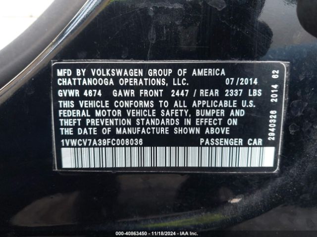 1VWCV7A39FC008036 Volkswagen Passat 2.0l Tdi Sel Premium