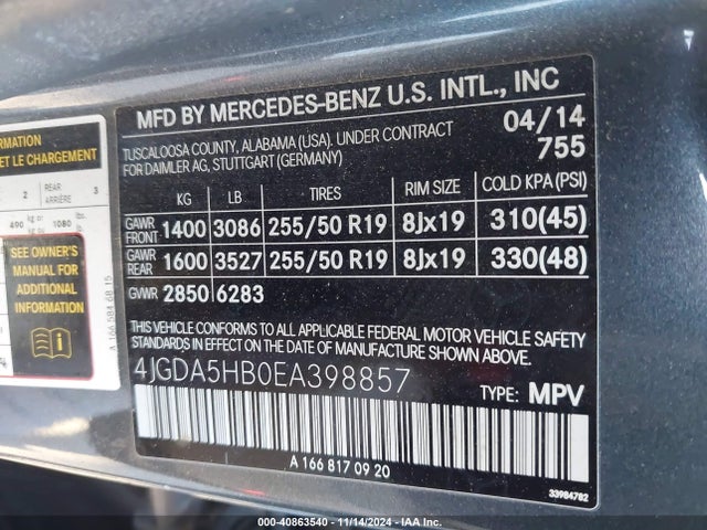 4JGDA5HB0EA398857 Mercedes-Benz Ml 350 4matic