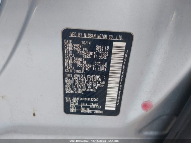 JN8AE2KPXF9122062 Nissan Quest Platinum/s/sl/sv