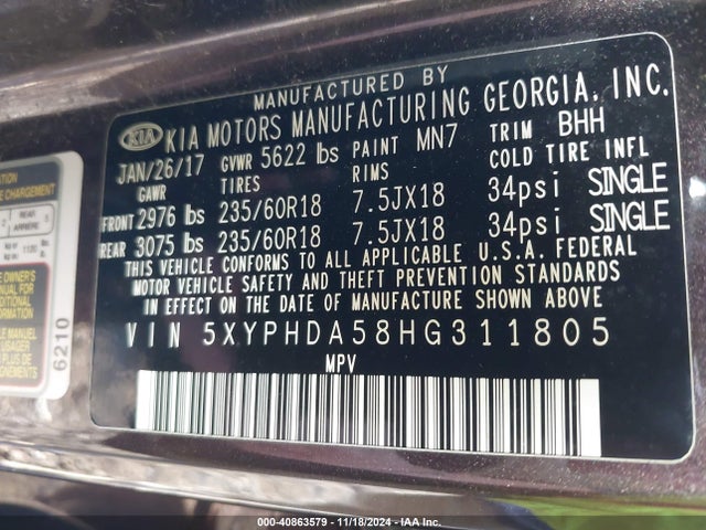 KIA Sorento 3.3l Ex 2017 5XYPHDA58HG311805 Image 9