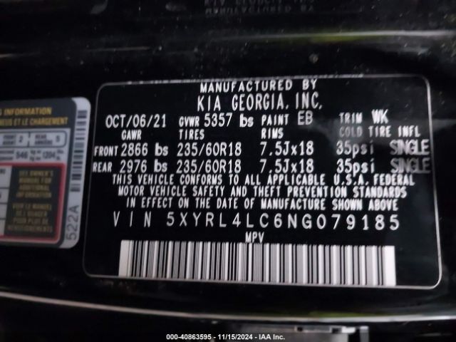 5XYRL4LC6NG079185 KIA SORENTO S
