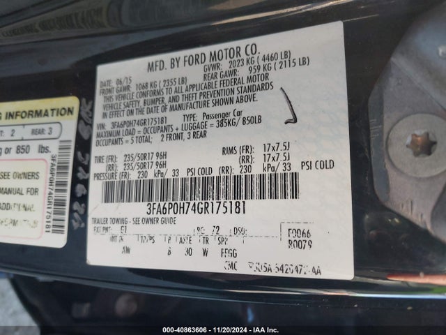 Ford FUSION SE 2016 3FA6P0H74GR175181 Image 9