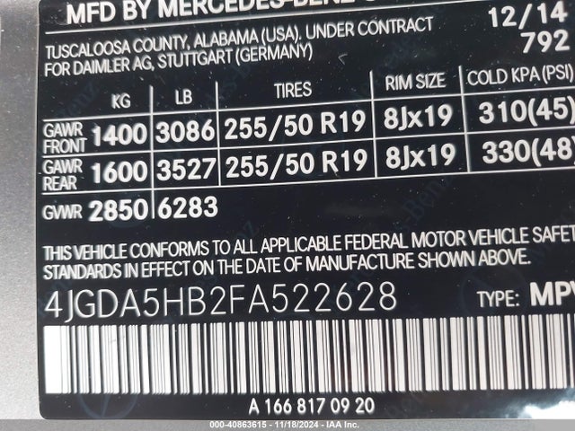 4JGDA5HB2FA522628 Mercedes-Benz Ml 350 4matic