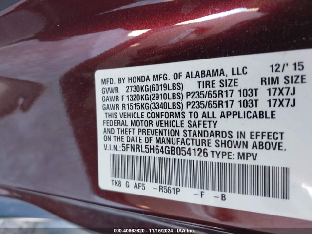 Honda Odyssey Ex-l 2016 5FNRL5H64GB054126 Image 9