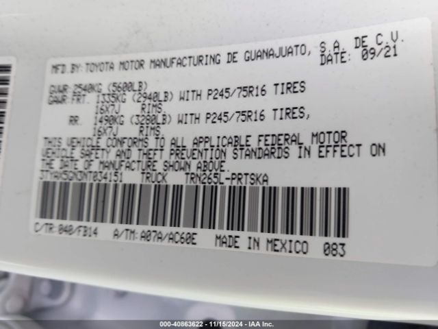 3TYAX5GN3NT034151 Toyota Tacoma Sr