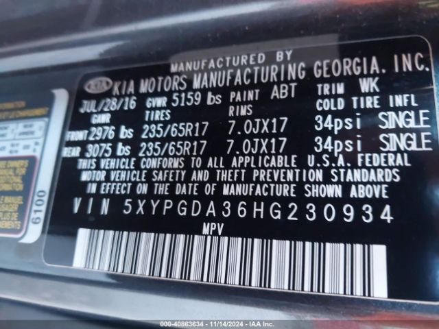 5XYPGDA36HG230934 KIA Sorento 2.4l Lx