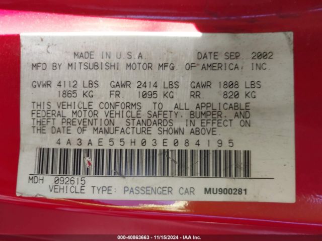 2003 MITSUBISHI ECLIPSE SPYDER 4A3AE55H03E084195 Photo 8