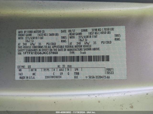 1FTFX1EG6JKC37860 Ford F-150 Xlt