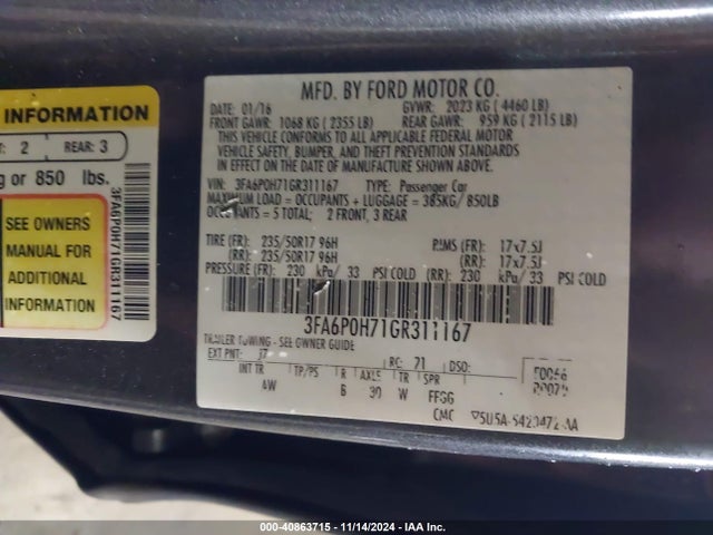 Ford FUSION SE 2016 3FA6P0H71GR311167 Image 9