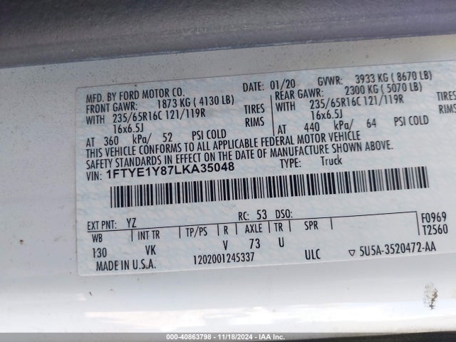 1FTYE1Y87LKA35048 Ford Transit-150 Cargo Van