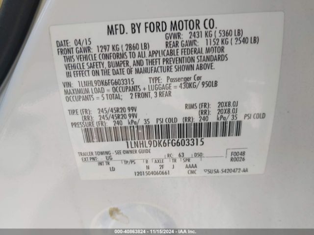 1LNHL9DK6FG603315 Lincoln MKS