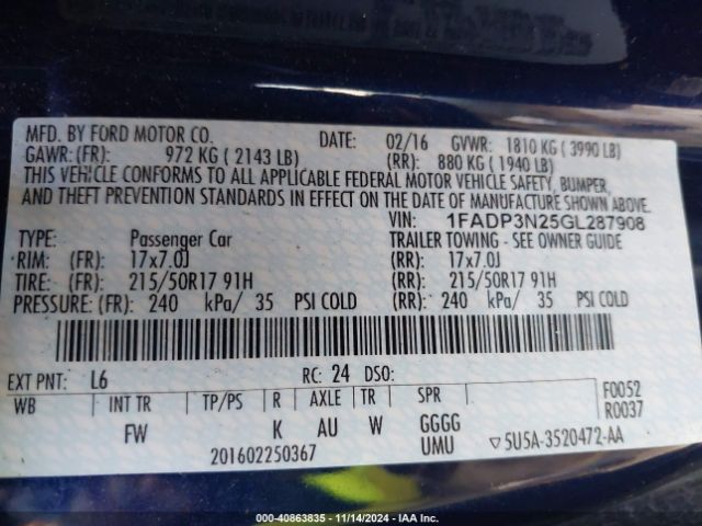 1FADP3N25GL287908 Ford Focus Titanium