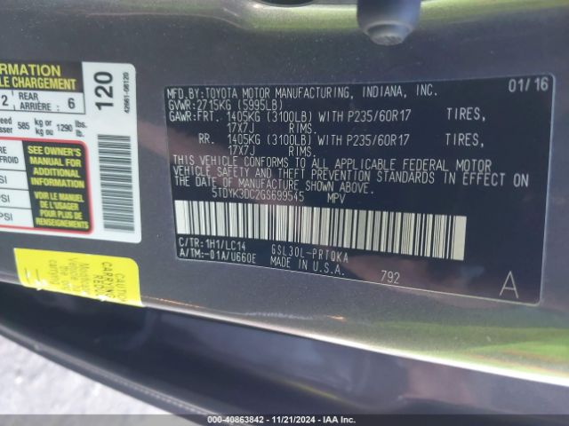 5TDYK3DC2GS699545 Toyota Sienna Xle 8 Passenger