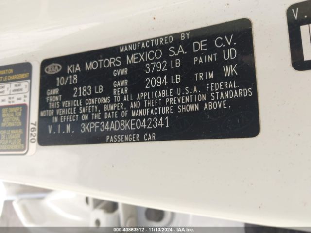 3KPF34AD8KE042341 KIA FORTE S