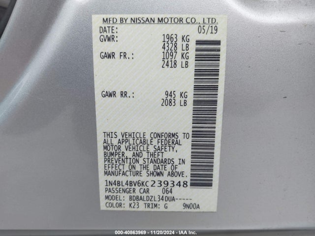 Продажа на аукционе авто 2019 Nissan Altima 2.5 S, vin: 1N4BL4BV6KC239348, номер лота: 40863969