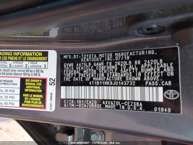 4T1B11HK9JU143732 Toyota CAMRY SE