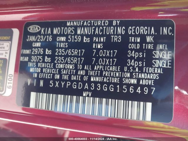 5XYPGDA33GG156497 KIA Sorento 2.4l Lx