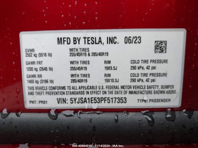 5YJSA1E53PF517353 Tesla Model S Dual Motor All-wheel Drive/standard Range