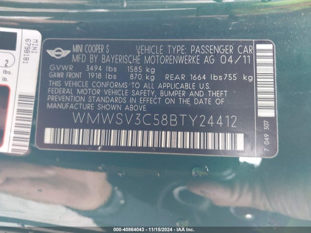 2011 MINI COOPER S WMWSV3C58BTY24412 Photo 8