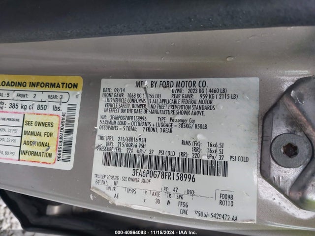 3FA6P0G78FR158996 Ford FUSION S