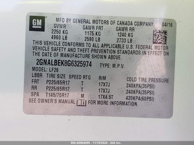 2GNALBEK8G6325974 Chevrolet EQUINOX LS