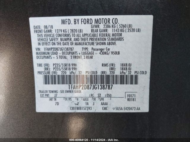 1FAHP2D87JG138787 Ford TAURUS SE
