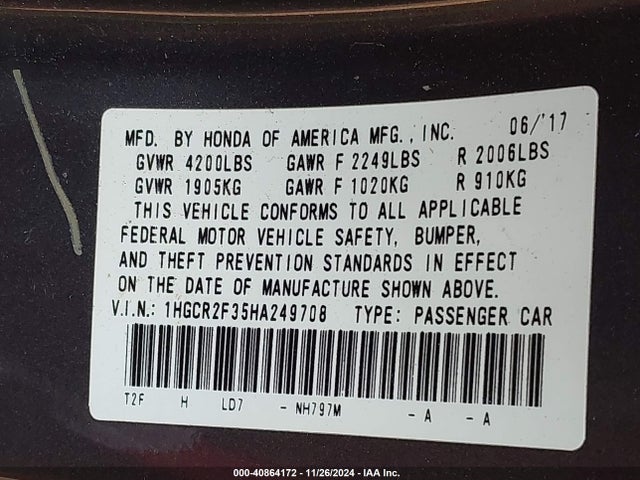 Honda ACCORD LX 2017 1HGCR2F35HA249708 Image 9