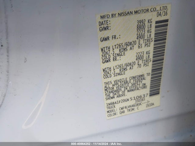 1N6BA1F20GN510637 Nissan Titan Xd Sl Diesel