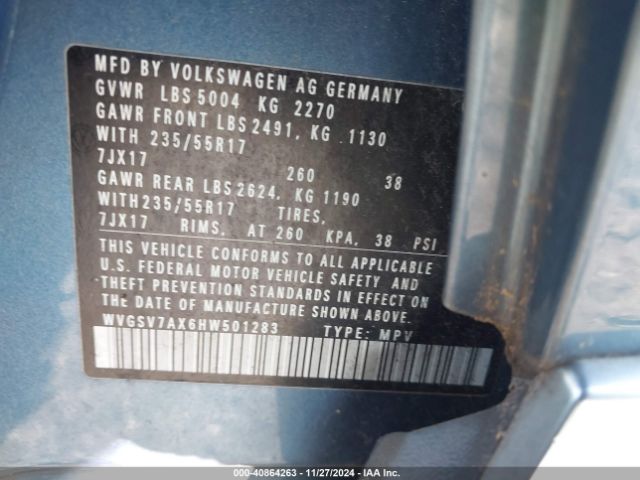 WVGSV7AX6HW501283 Volkswagen Tiguan 2.0t Wolfsburg Edition