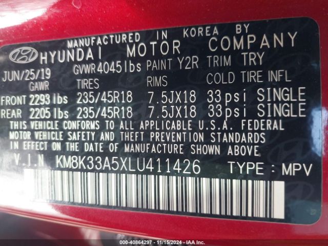 KM8K33A5XLU411426 Hyundai Kona Limited