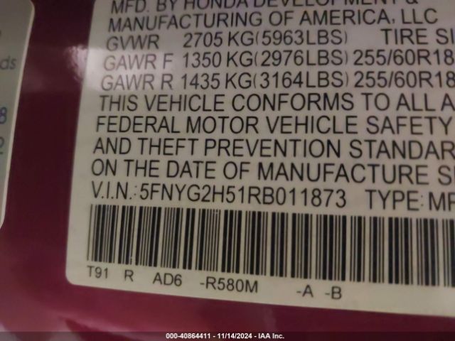 5FNYG2H51RB011873 Honda Pilot Ex-l 7 Passenger
