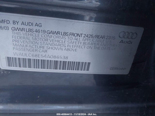 2004 AUDI A4 WAULC68E54A086538 Photo 8