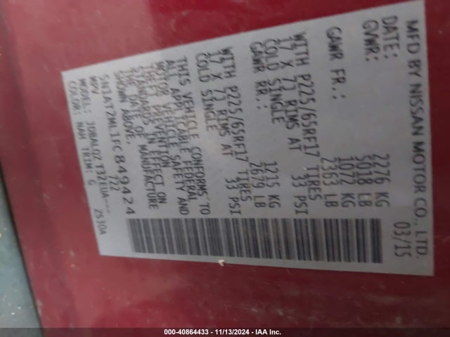 Nissan ROGUE SV 2015 5N1AT2ML1FC849424 Image 9