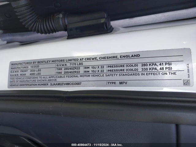 Bentley Bentayga First Edition/v8 2021 SJAAM2ZV4MC033687 Image 9