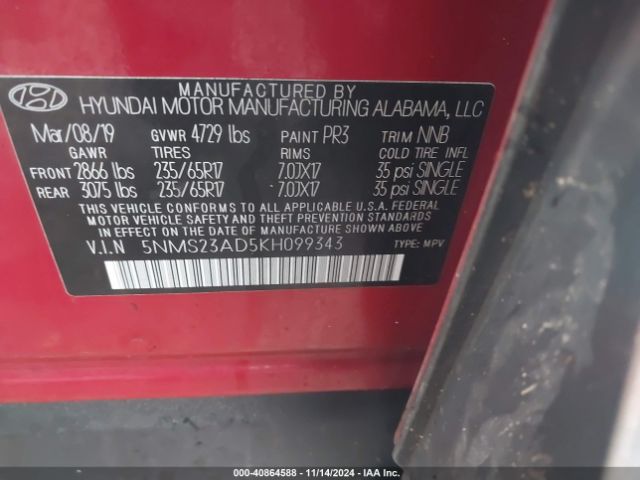5NMS23AD5KH099343 Hyundai Santa Fe Se