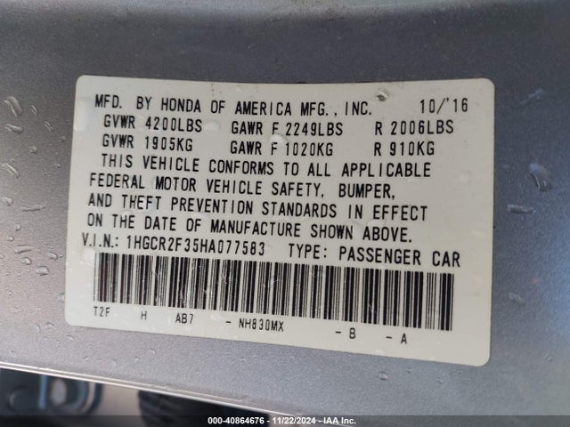 Honda ACCORD LX 2017 1HGCR2F35HA077583 Image 9