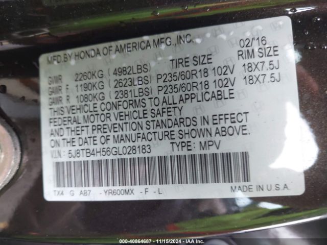 5J8TB4H56GL028183 Acura Rdx Technology   Acurawatch Plus Packages/technology Package
