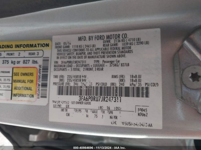 3FA6P0RU7JR247311 Ford Fusion Hybrid Titanium