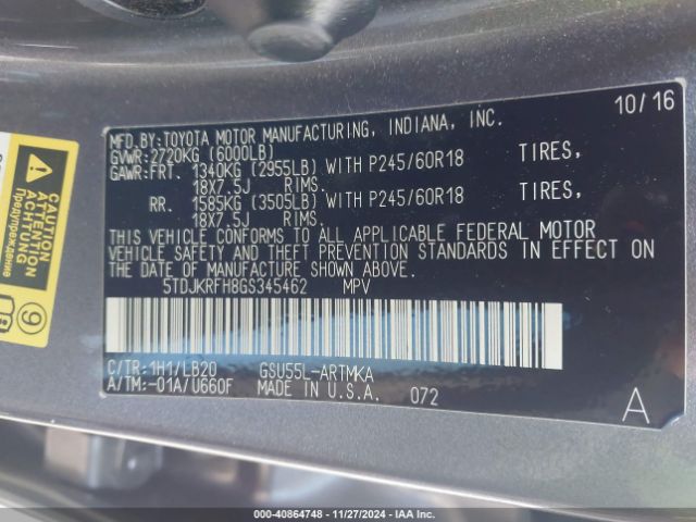 5TDJKRFH8GS345462 Toyota Highlander Xle V6