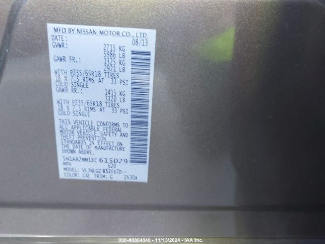 5N1AR2MM1EC615029 Nissan Pathfinder Sl