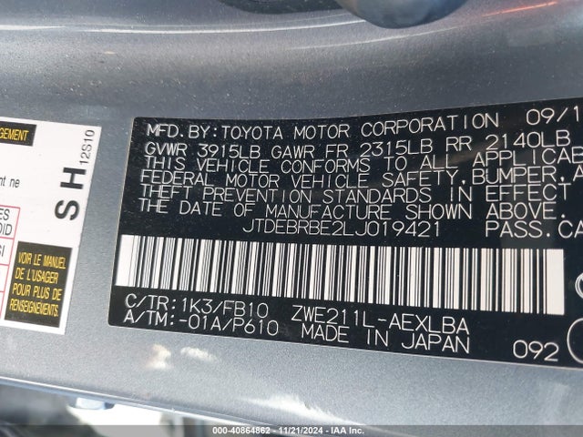 Toyota Corolla Hybrid Le 2020 JTDEBRBE2LJ019421 Image 9