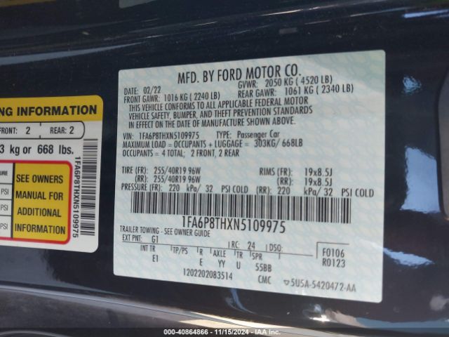 1FA6P8THXN5109975 Ford Mustang Ecoboost Premium