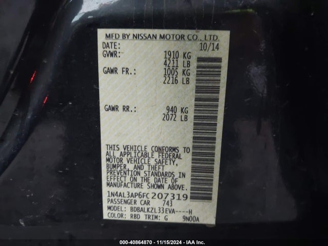 Nissan Altima 2.5 Sv 2015 1N4AL3AP6FC207319 Image 9