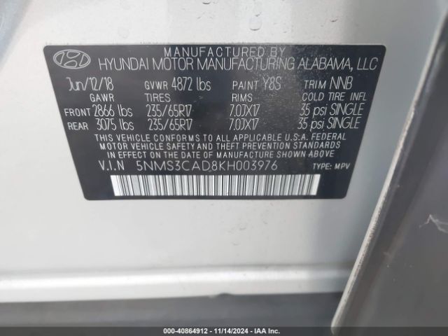 2019 HYUNDAI SANTA FE 5NMS3CAD8KH003976 Photo 8