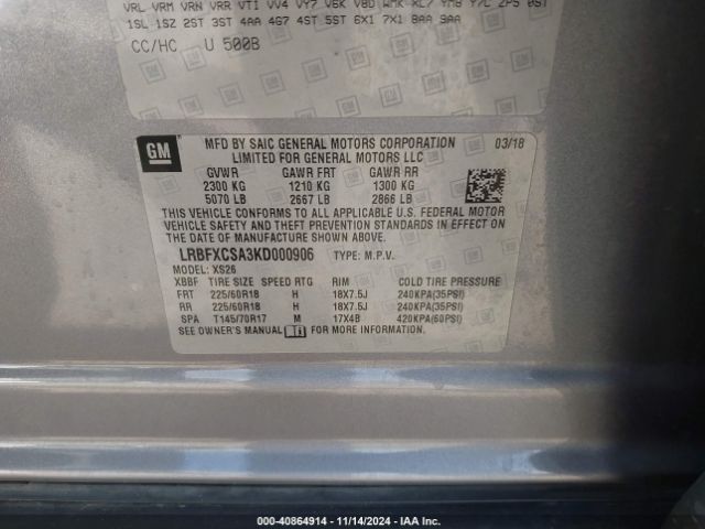 LRBFXCSA3KD000906 Buick Envision Fwd Essence