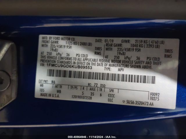 1FMCU9GD6KUB09553 Ford ESCAPE SE