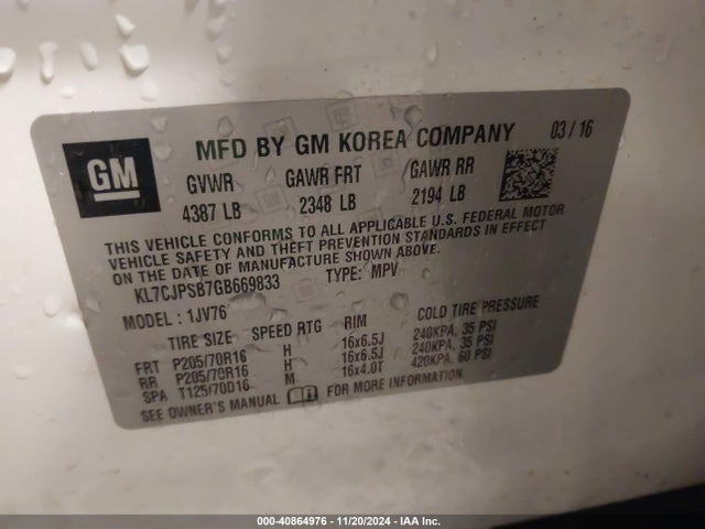 Chevrolet Trax Lt 2016 KL7CJPSB7GB669833 Image 9