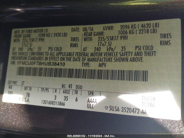 1FMCU0F78HUB38410 Ford ESCAPE S