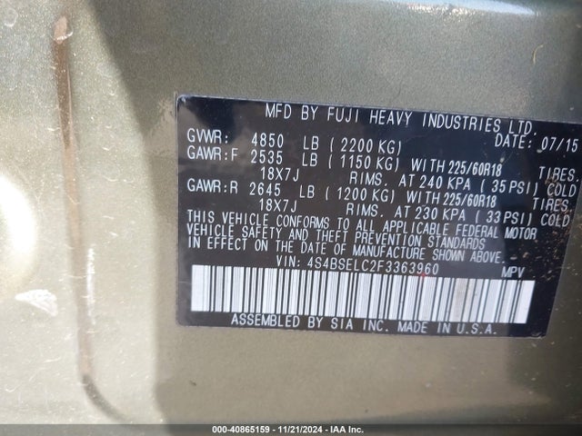 4S4BSELC2F3363960 Subaru Outback 3.6r Limited